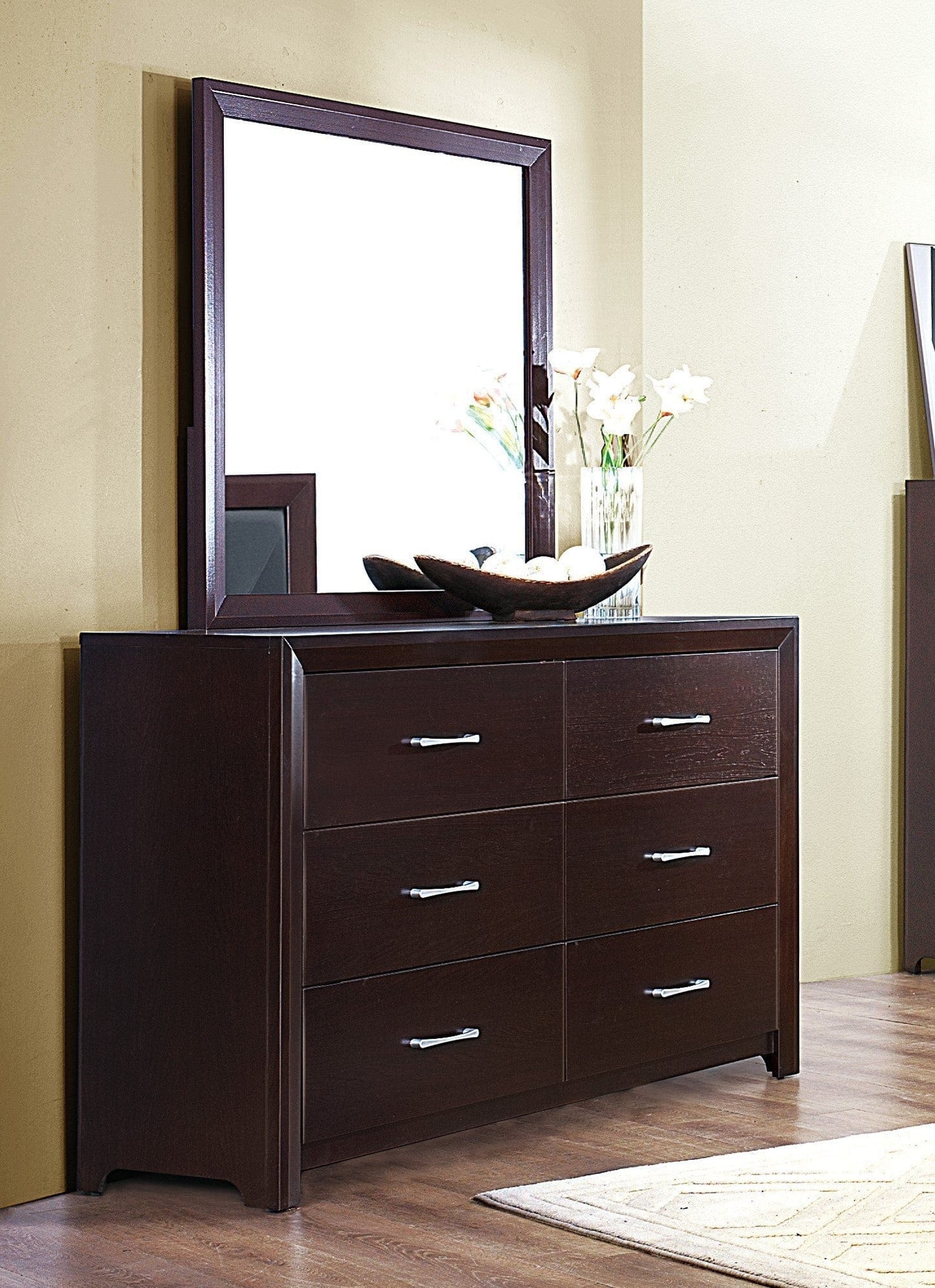 1pc Dresser of 6x Drawers Silver Tone Bar Pulls Contemporary Design Bedroom Furniture, Espresso Finish