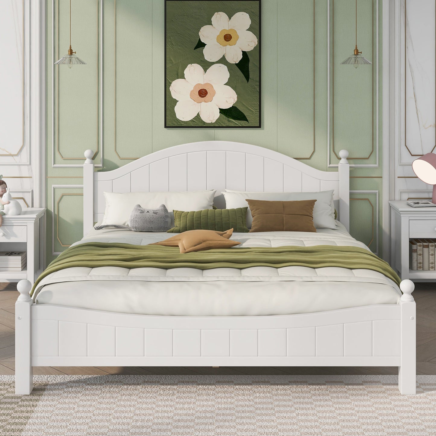 Three Pieces Traditional Concise Style White Bedroom Sets, Nightstand+ Chest+ King Bed