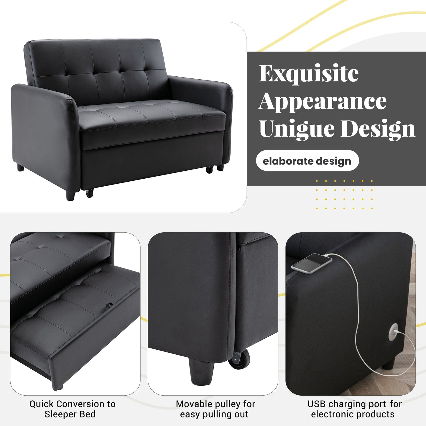 Orisfur. 51" Convertible Sleeper Bed, Adjustable Oversized Armchair with Dual USB Ports for Small Space