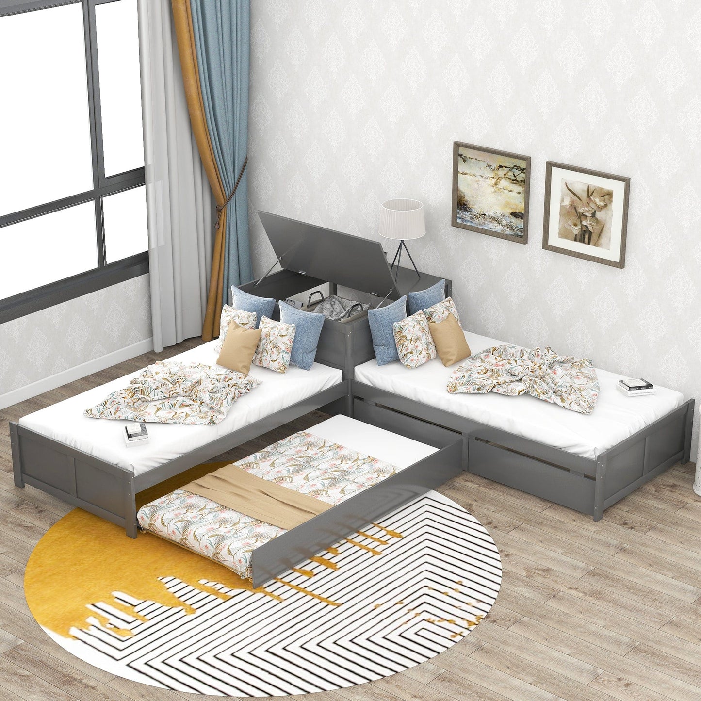 L-shaped Platform Bed with Trundle and Drawers Linked with built-in Flip Square Table,Twin,Gray