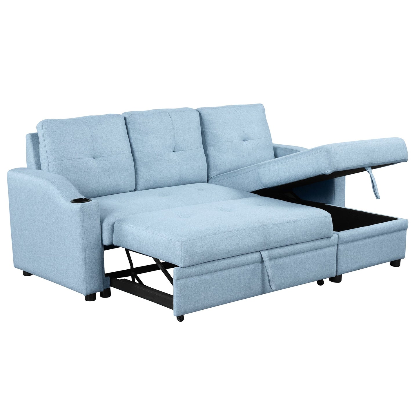 80.3" Orisfur. Pull Out Sofa Bed Modern Padded Upholstered Sofa Bed , Linen Fabric 3 Seater Couch with Storage Chaise and Cup Holder , Small Couch for Small Spaces