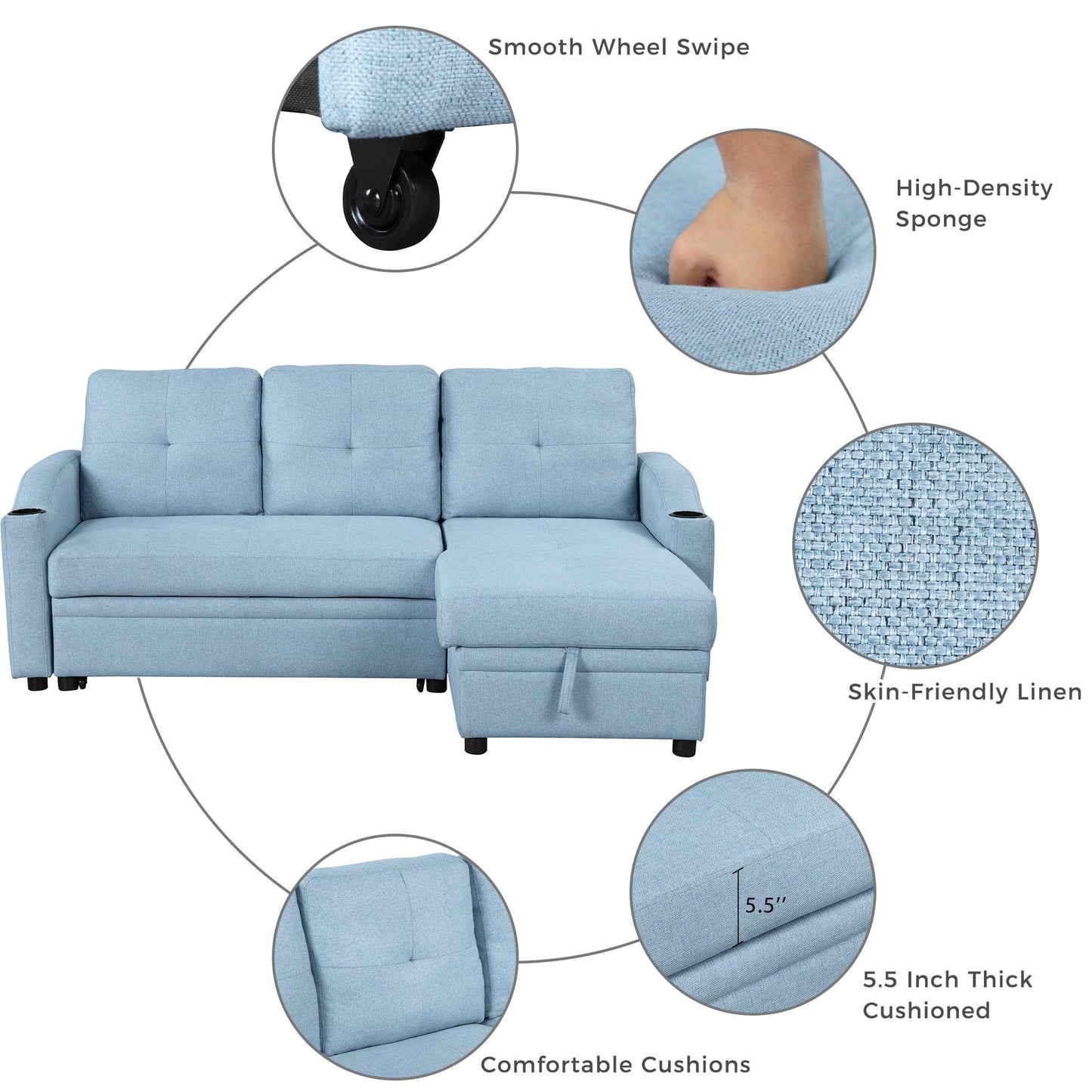 80.3" Orisfur. Pull Out Sofa Bed Modern Padded Upholstered Sofa Bed , Linen Fabric 3 Seater Couch with Storage Chaise and Cup Holder , Small Couch for Small Spaces
