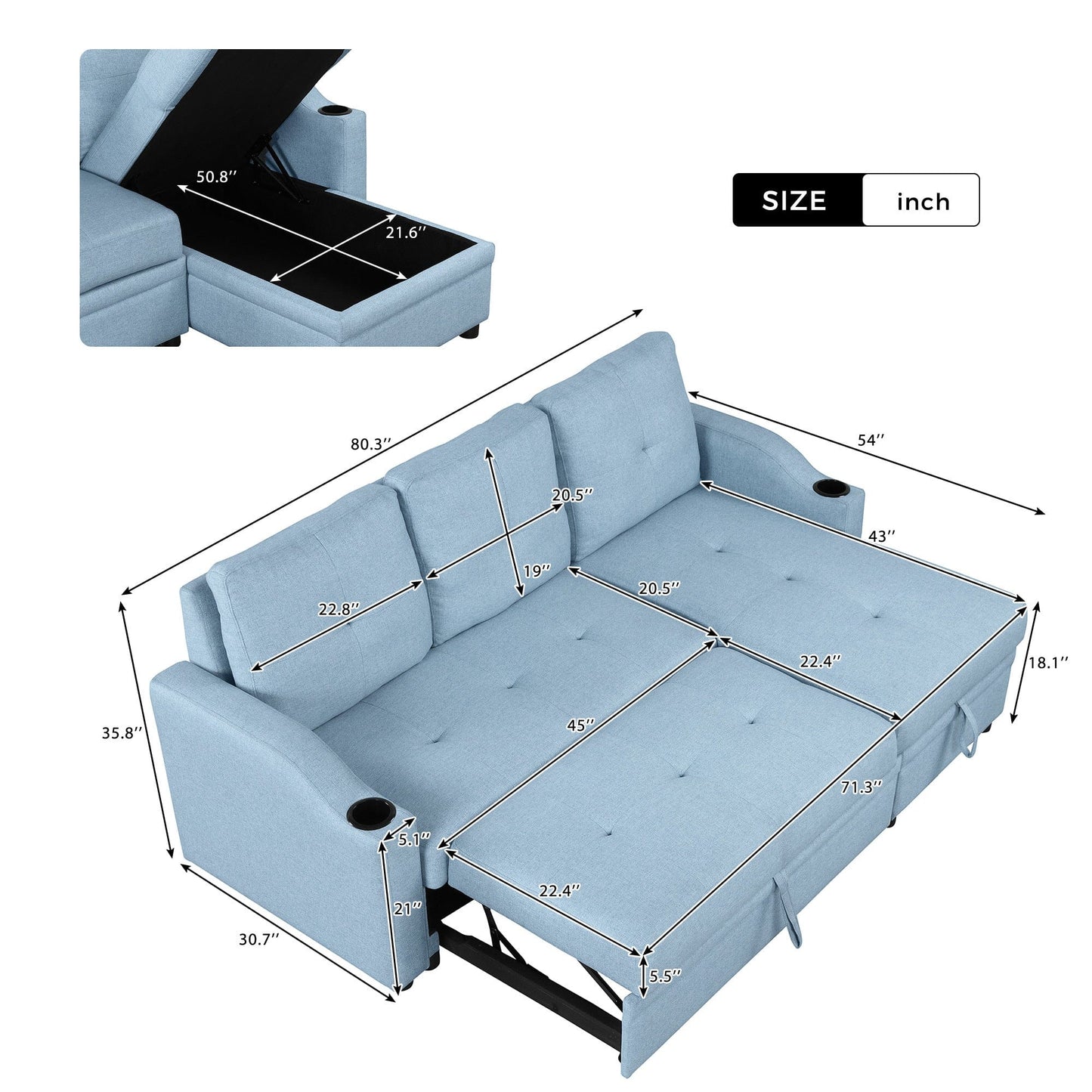 80.3" Orisfur. Pull Out Sofa Bed Modern Padded Upholstered Sofa Bed , Linen Fabric 3 Seater Couch with Storage Chaise and Cup Holder , Small Couch for Small Spaces