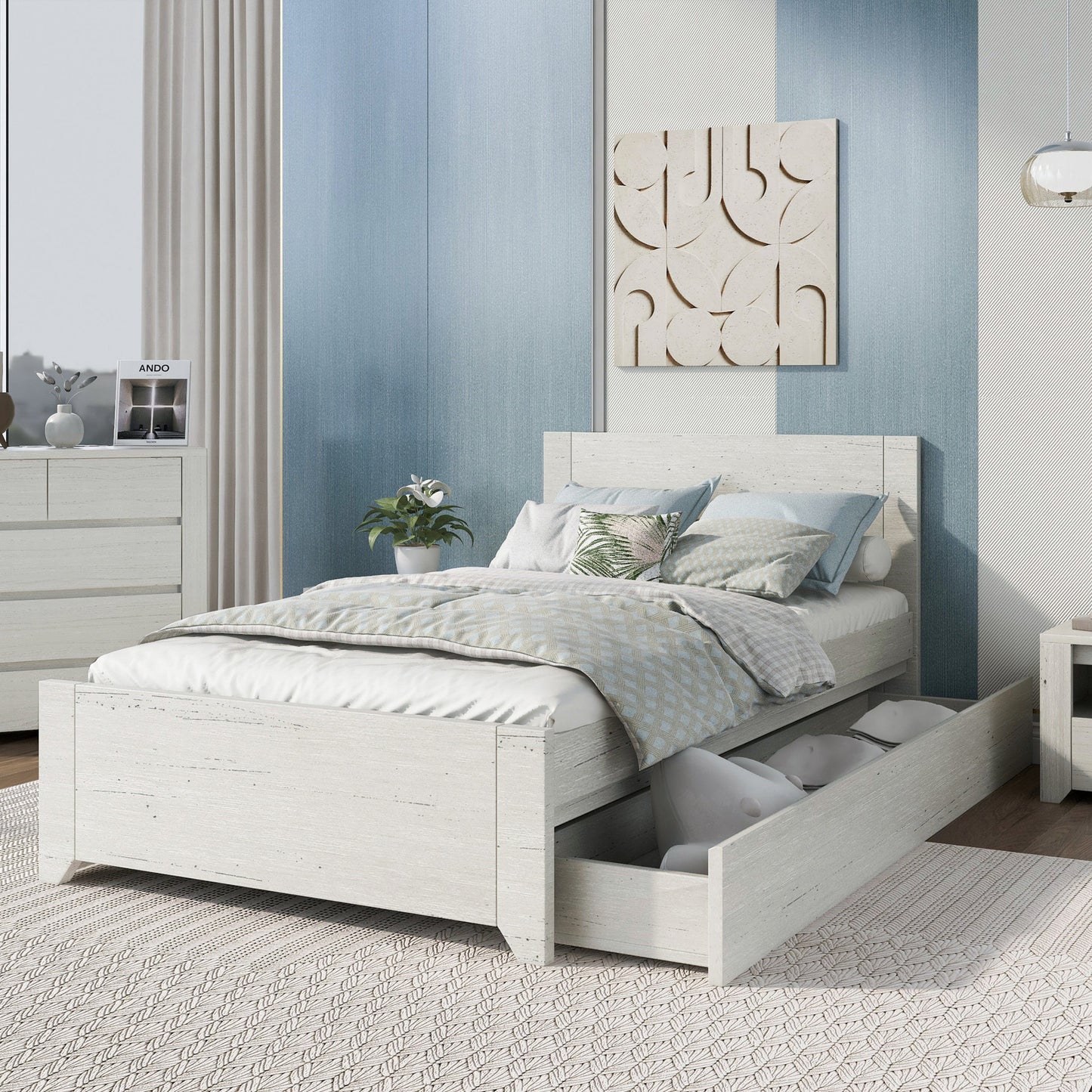 3 Pieces Off White Simple Style Manufacture Wood Bedroom Sets with Twin bed, Nightstand and Chest