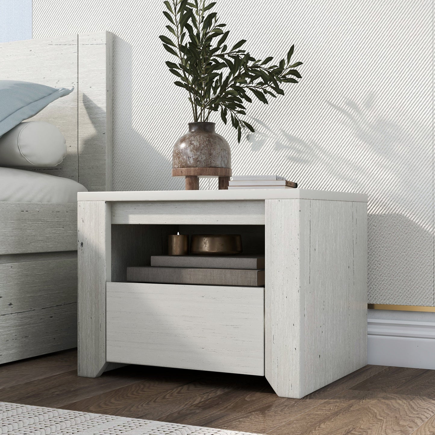3 Pieces Cream Simple Style Manufacture Wood Bedroom Sets with Twin bed, Nightstand and Dresser