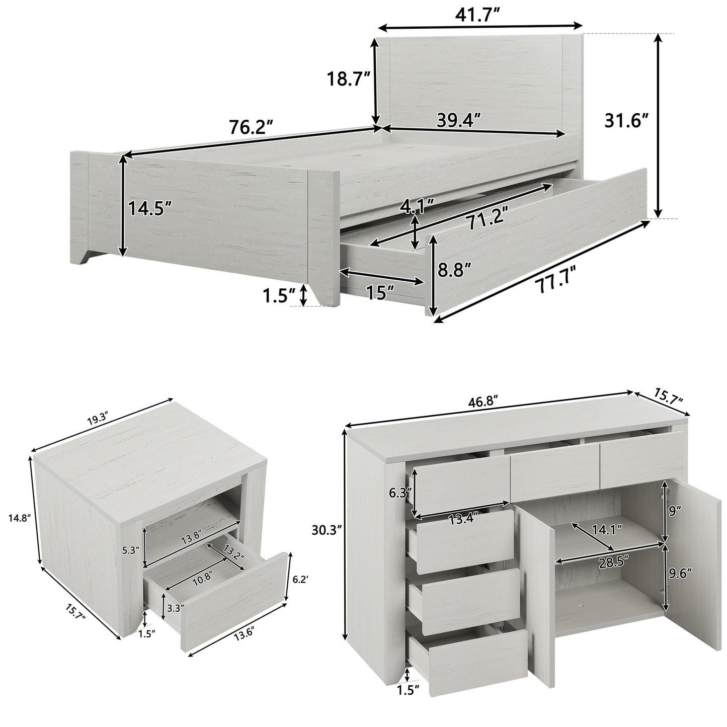 3 Pieces Cream Simple Style Manufacture Wood Bedroom Sets with Twin bed, Nightstand and Dresser