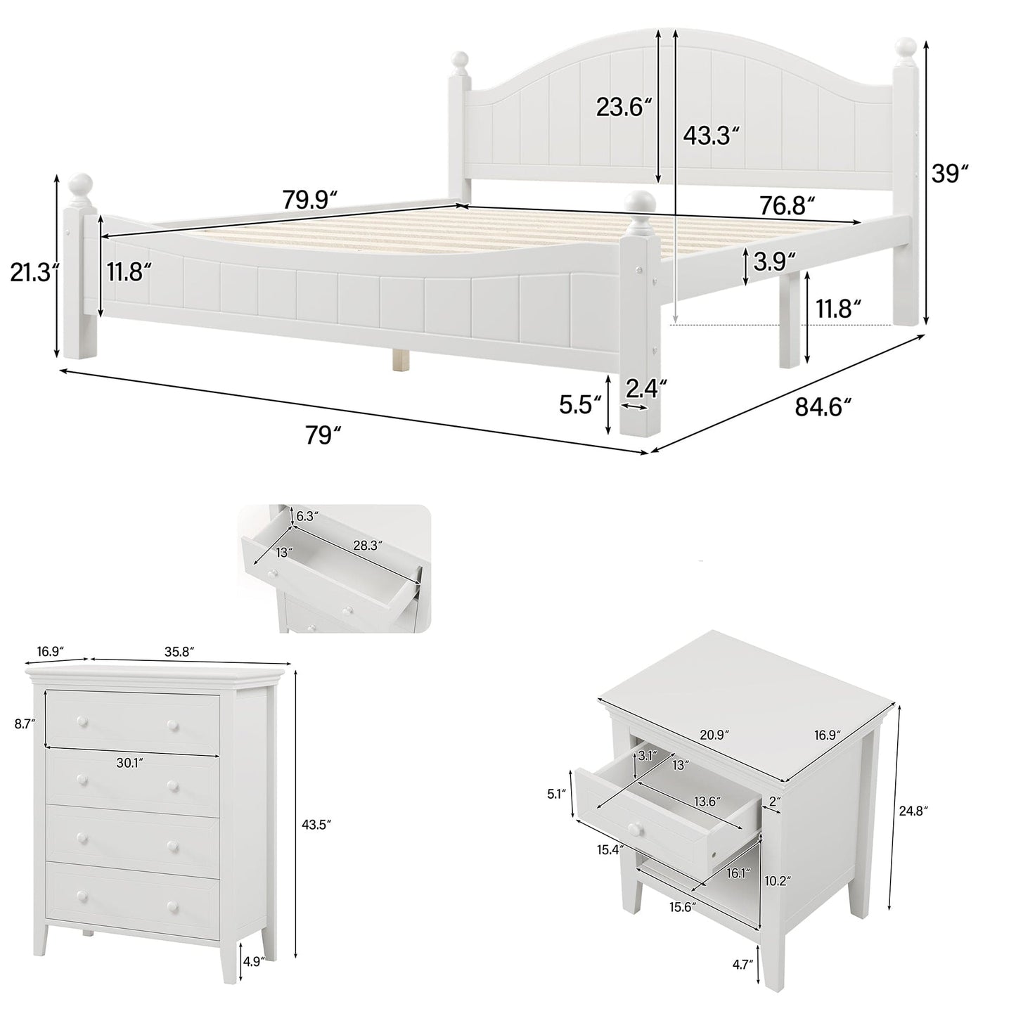Three Pieces Traditional Concise Style White Bedroom Sets, Nightstand+ Chest+ King Bed