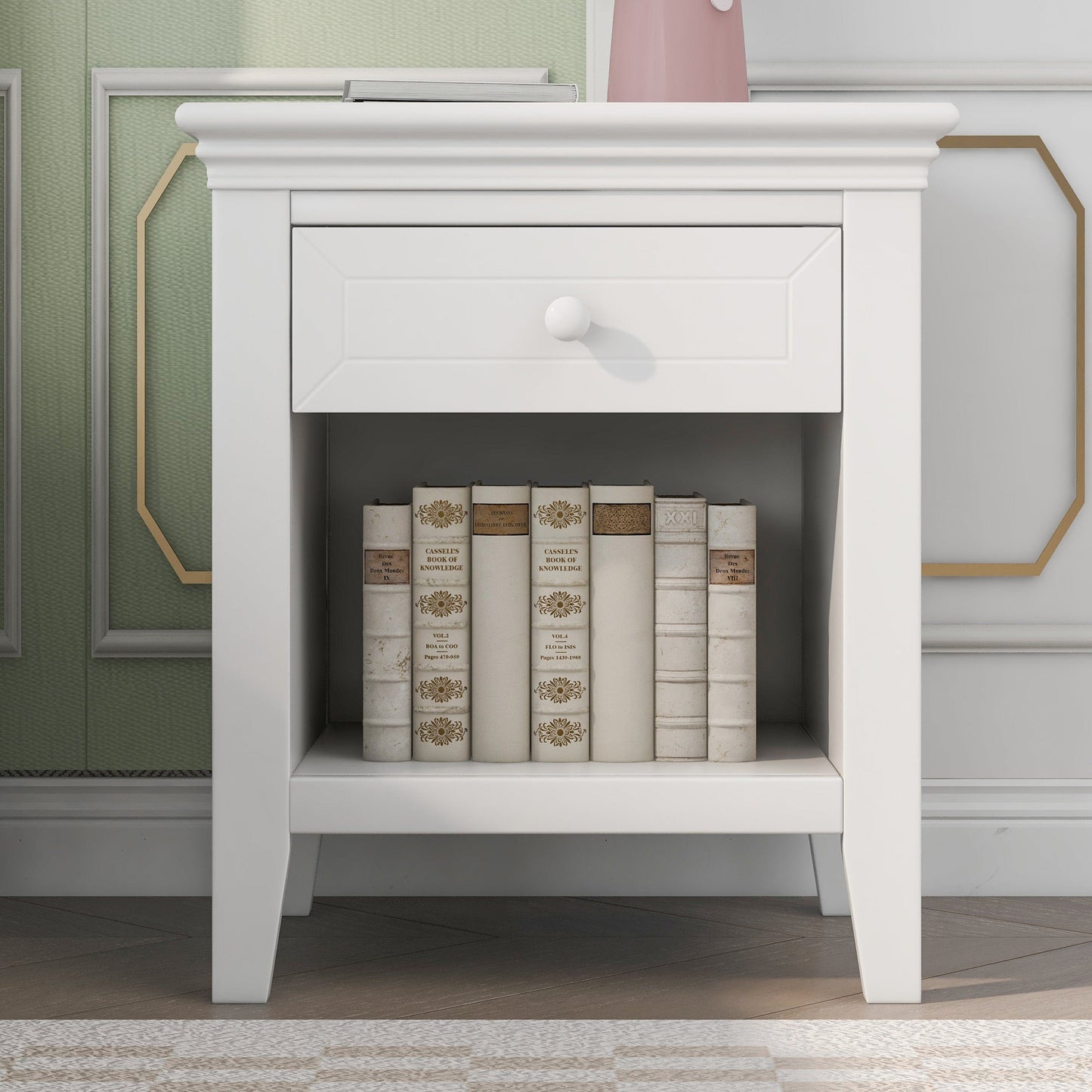 Three Pieces Traditional Concise Style White Bedroom Sets, Nightstand+ Chest+ King Bed