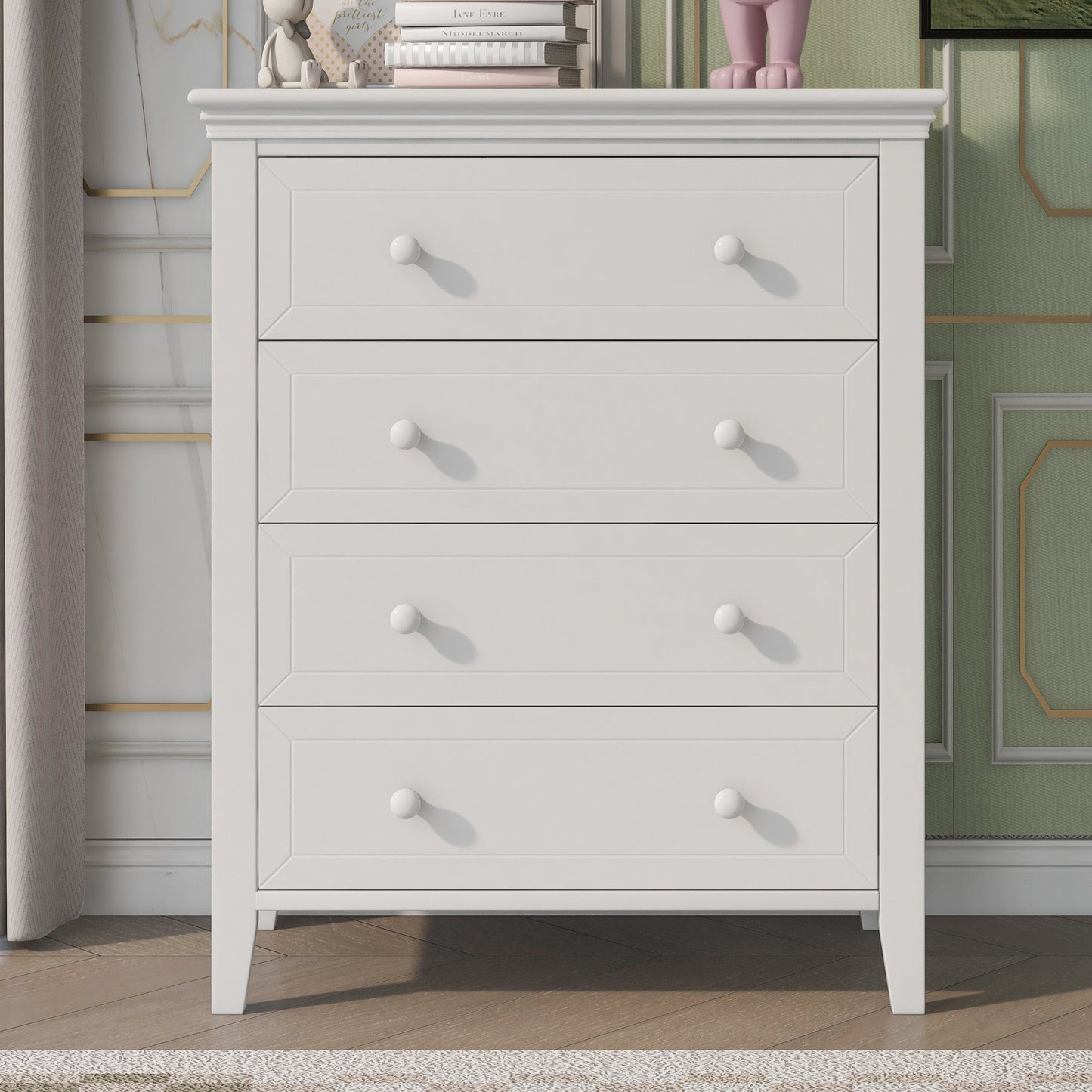 Three Pieces Traditional Concise Style White Bedroom Sets, Nightstand+ Chest+ King Bed