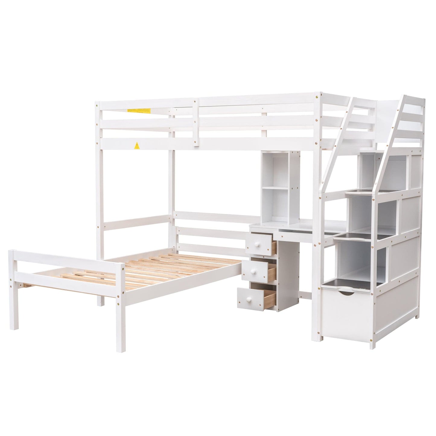 White, Twin Size Loft Bed with a Stand-alone Bed, Storage Staircase, Desk, Shelves and Drawers