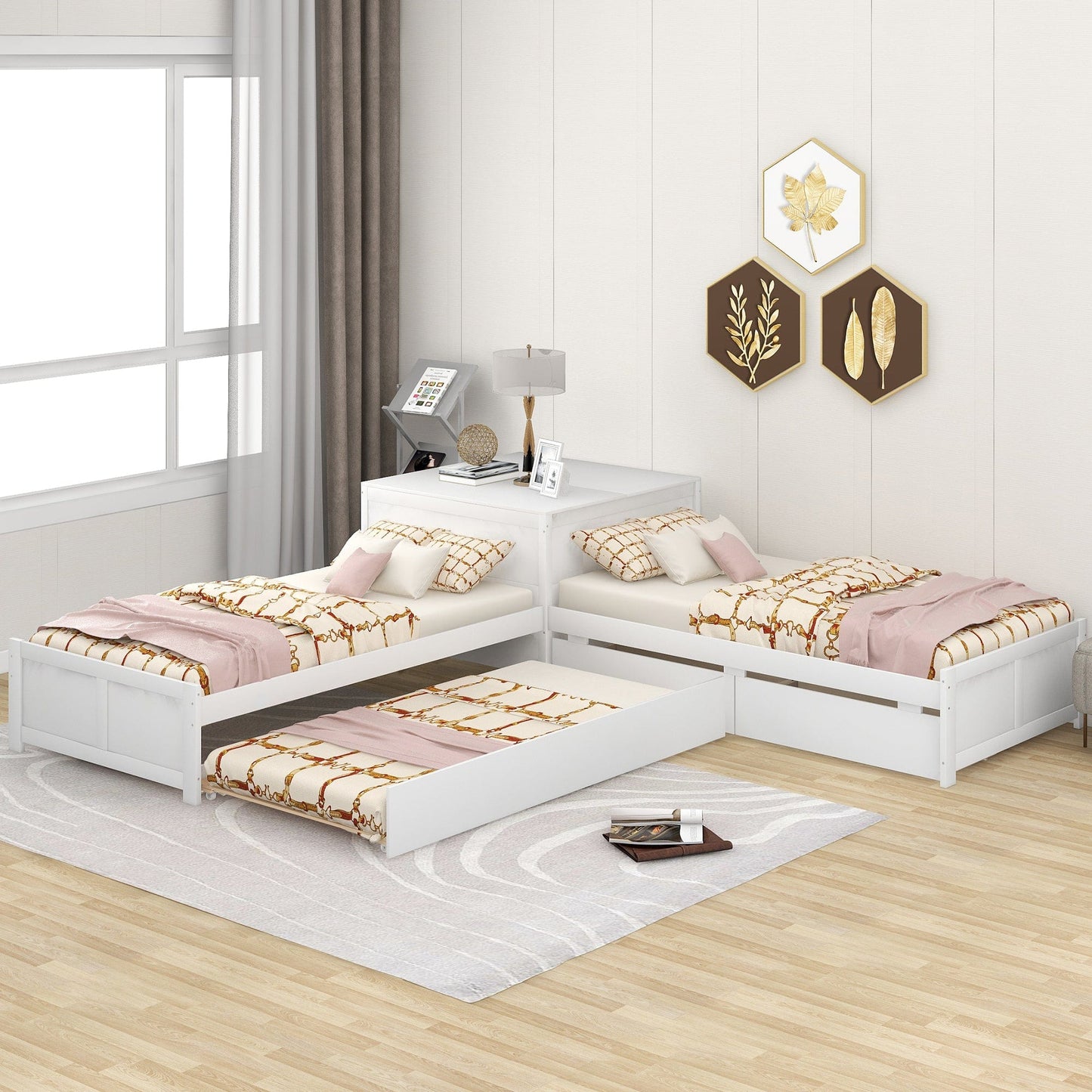 L-shaped Platform Bed with Trundle and Drawers Linked with built-in Flip Square Table,Twin,White