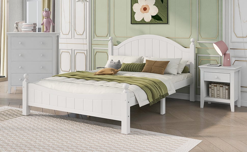 Three Pieces Traditional Concise Style White Bedroom Sets, Nightstand+ Chest+ King Bed