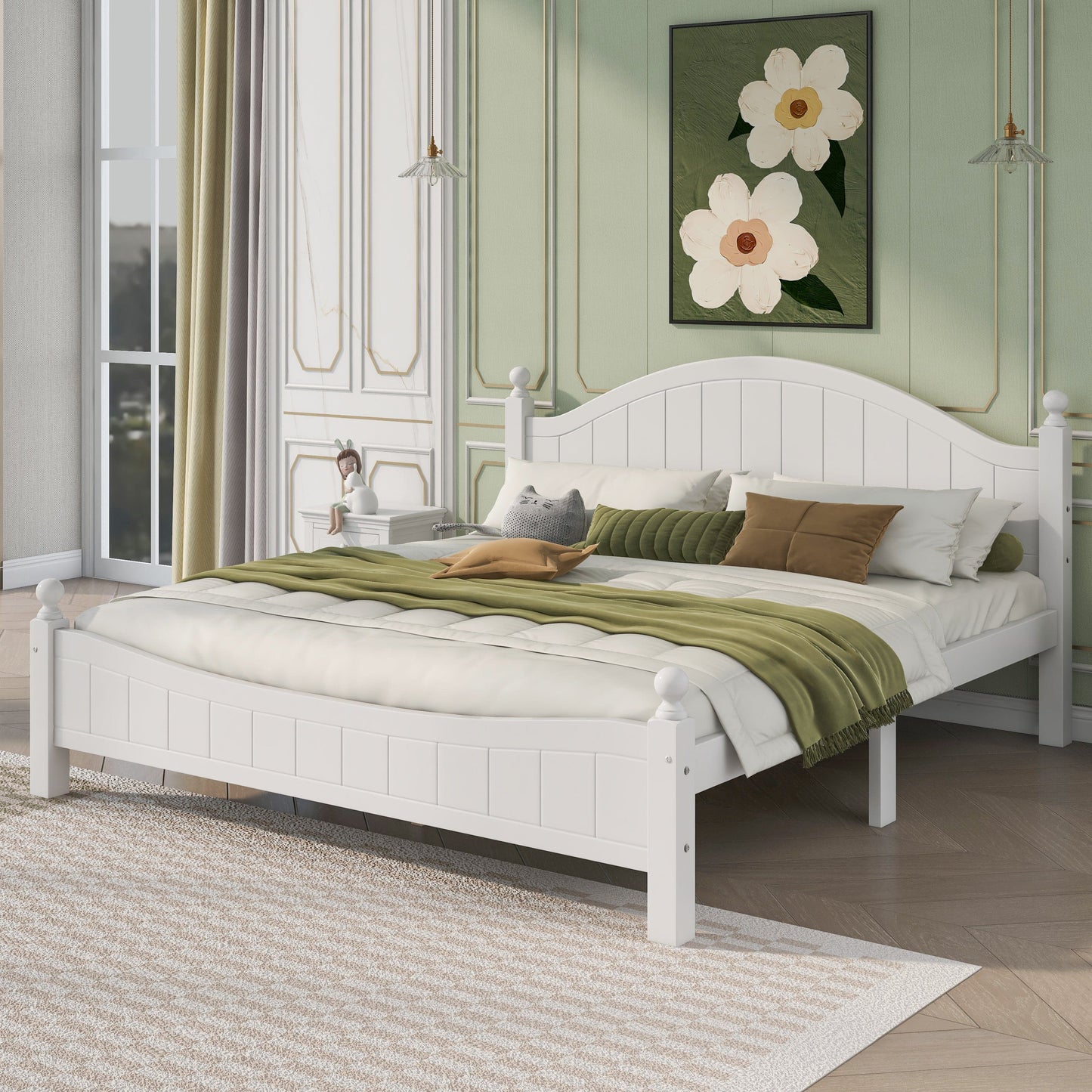 Three Pieces Traditional Concise Style White Bedroom Sets, Nightstand+ Chest+ King Bed