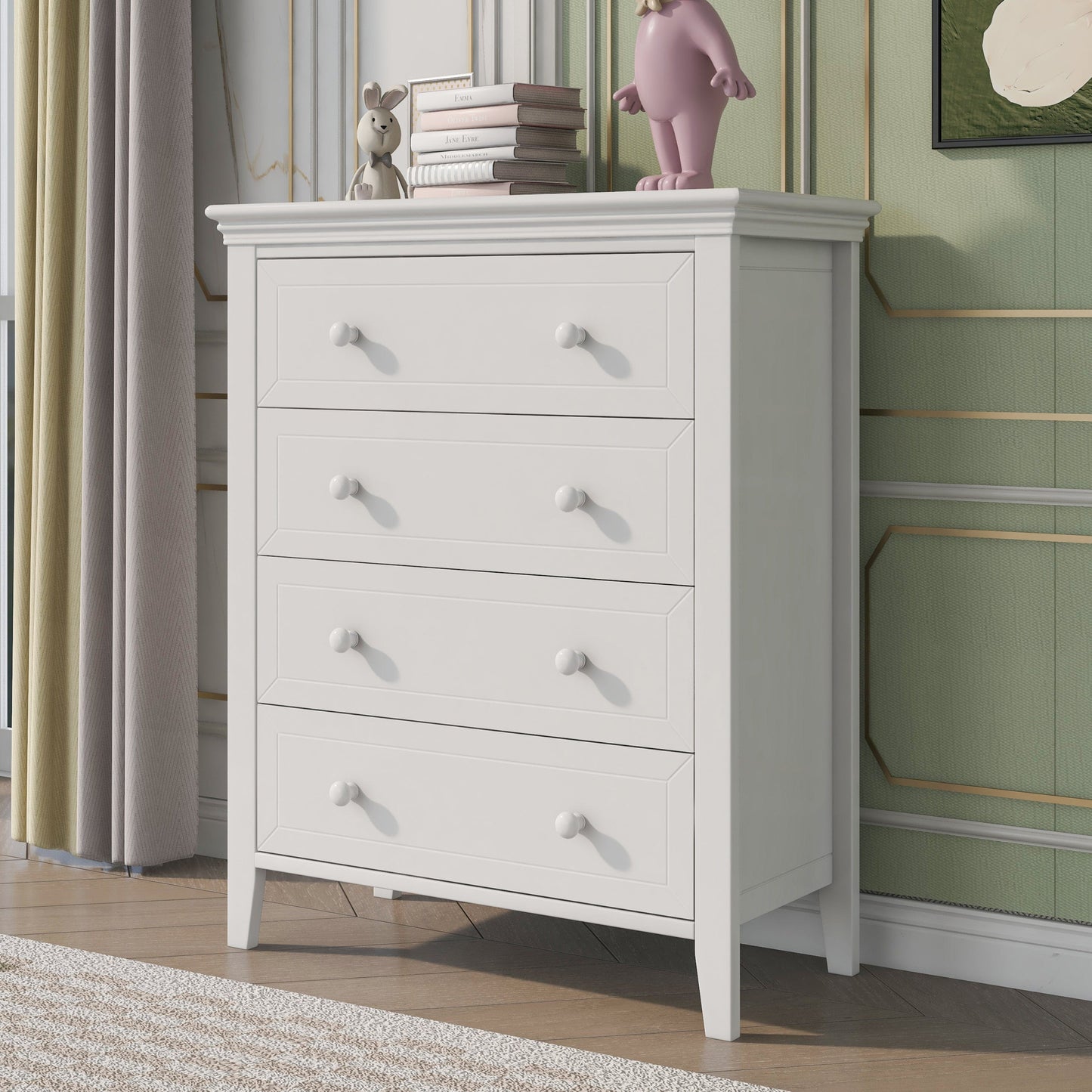 Three Pieces Traditional Concise Style White Bedroom Sets, Nightstand+ Chest+ King Bed