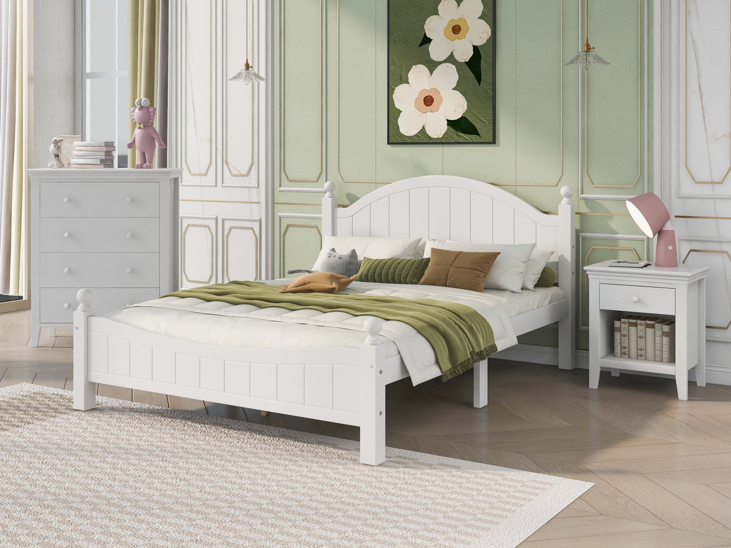 Three Pieces Traditional Concise Style White Bedroom Sets, Nightstand+ Chest+ King Bed
