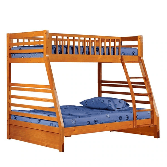 Wooden Twin Over Full Bunk Bed with Slatted Guardrails, Oak Brown