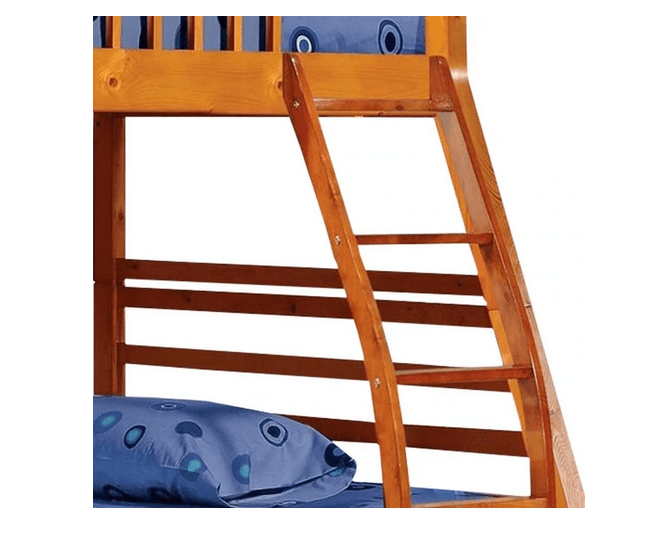 Wooden Twin Over Full Bunk Bed with Slatted Guardrails, Oak Brown