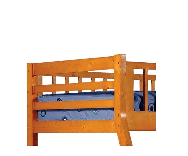 Wooden Twin Over Full Bunk Bed with Slatted Guardrails, Oak Brown