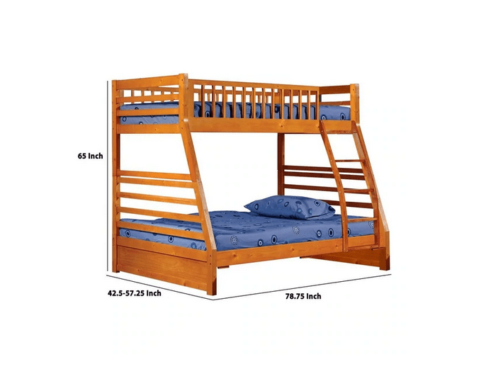 Wooden Twin Over Full Bunk Bed with Slatted Guardrails, Oak Brown