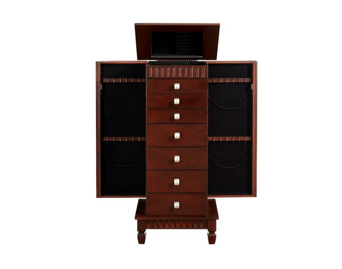 Jewelry Armoire with Fluted Design, Brown 42 Inches 7 Drawer