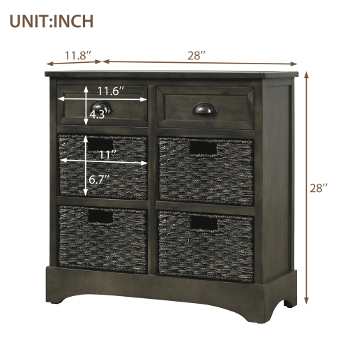 Rustic Storage Cabinet with Two Drawers and Four Classic Rattan Basket