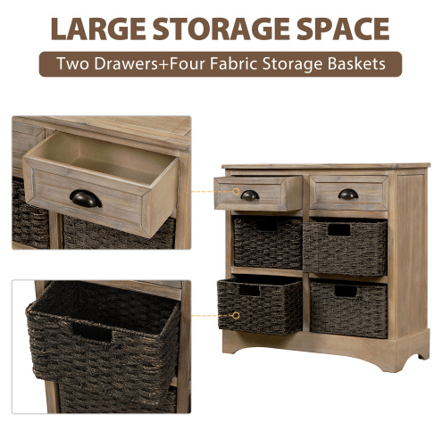 Rustic Storage Cabinet with Two Drawers and Four Classic Rattan Basket