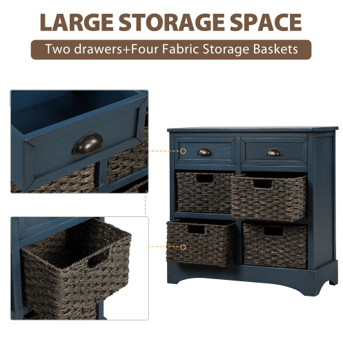 Rustic Storage Cabinet with Two Drawers and Four Classic Rattan Basket