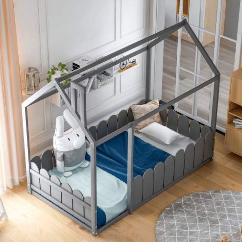Twin Size Wood Bed House Bed Frame with Fence, for Kids