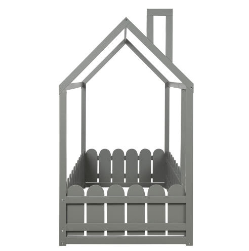 Twin Size Wood Bed House Bed Frame with Fence, for Kids