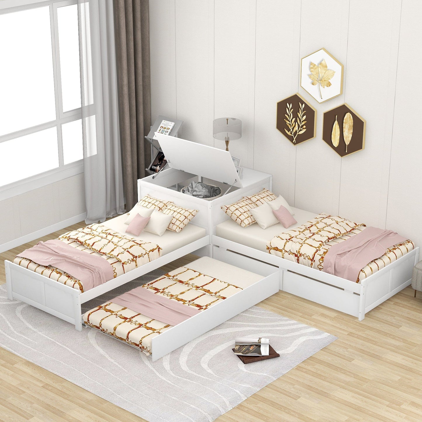 L-shaped Platform Bed with Trundle and Drawers Linked with built-in Flip Square Table,Twin,White