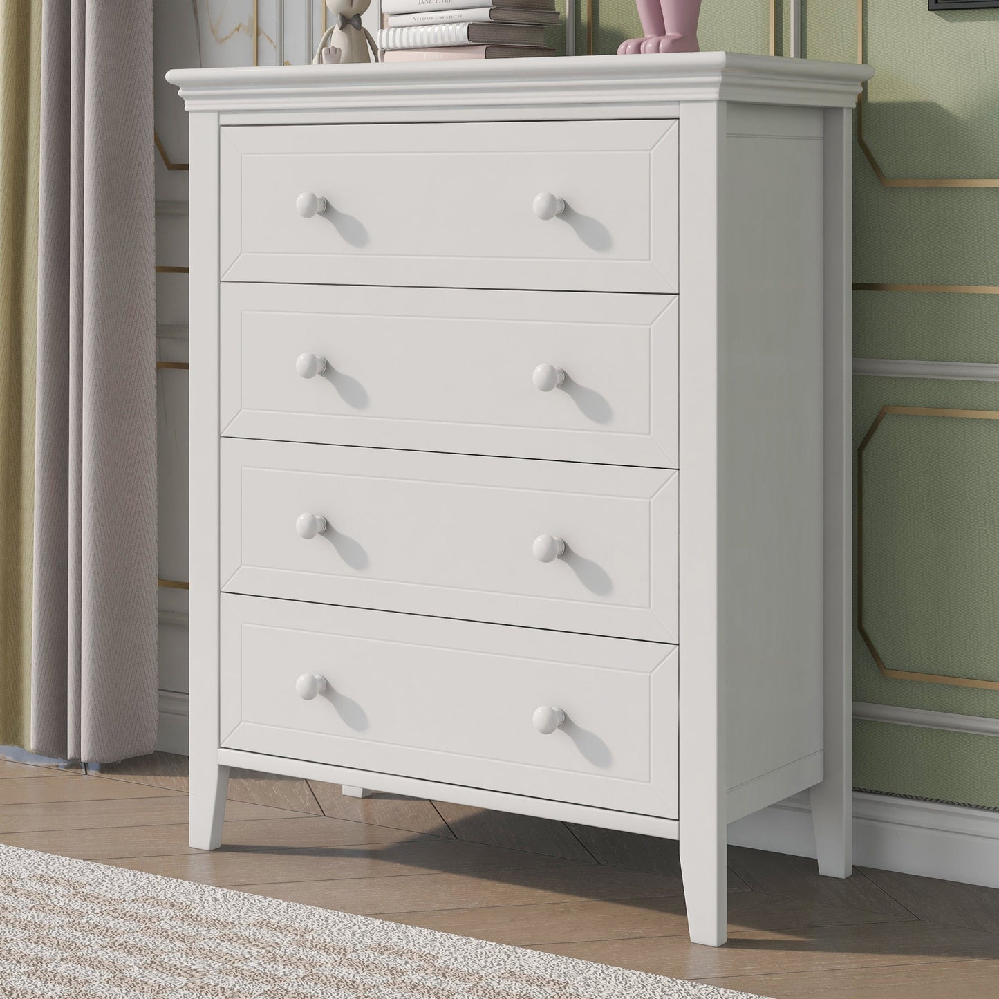 Three Pieces Traditional Concise Style White Bedroom Sets, Nightstand+ Chest+ King Bed