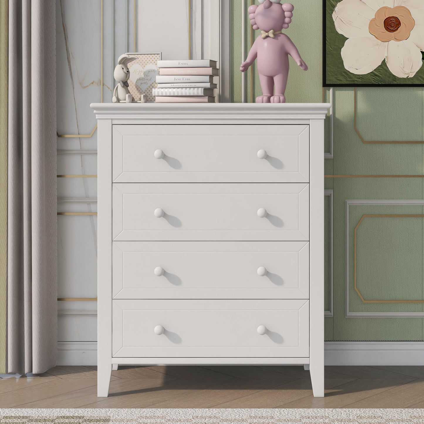Three Pieces Traditional Concise Style White Bedroom Sets, Nightstand+ Chest+ King Bed