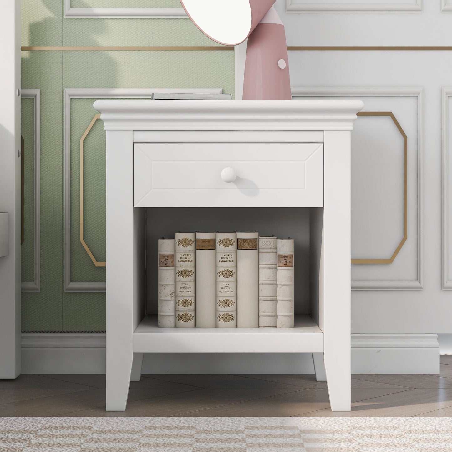 Three Pieces Traditional Concise Style White Bedroom Sets, Nightstand+ Chest+ King Bed