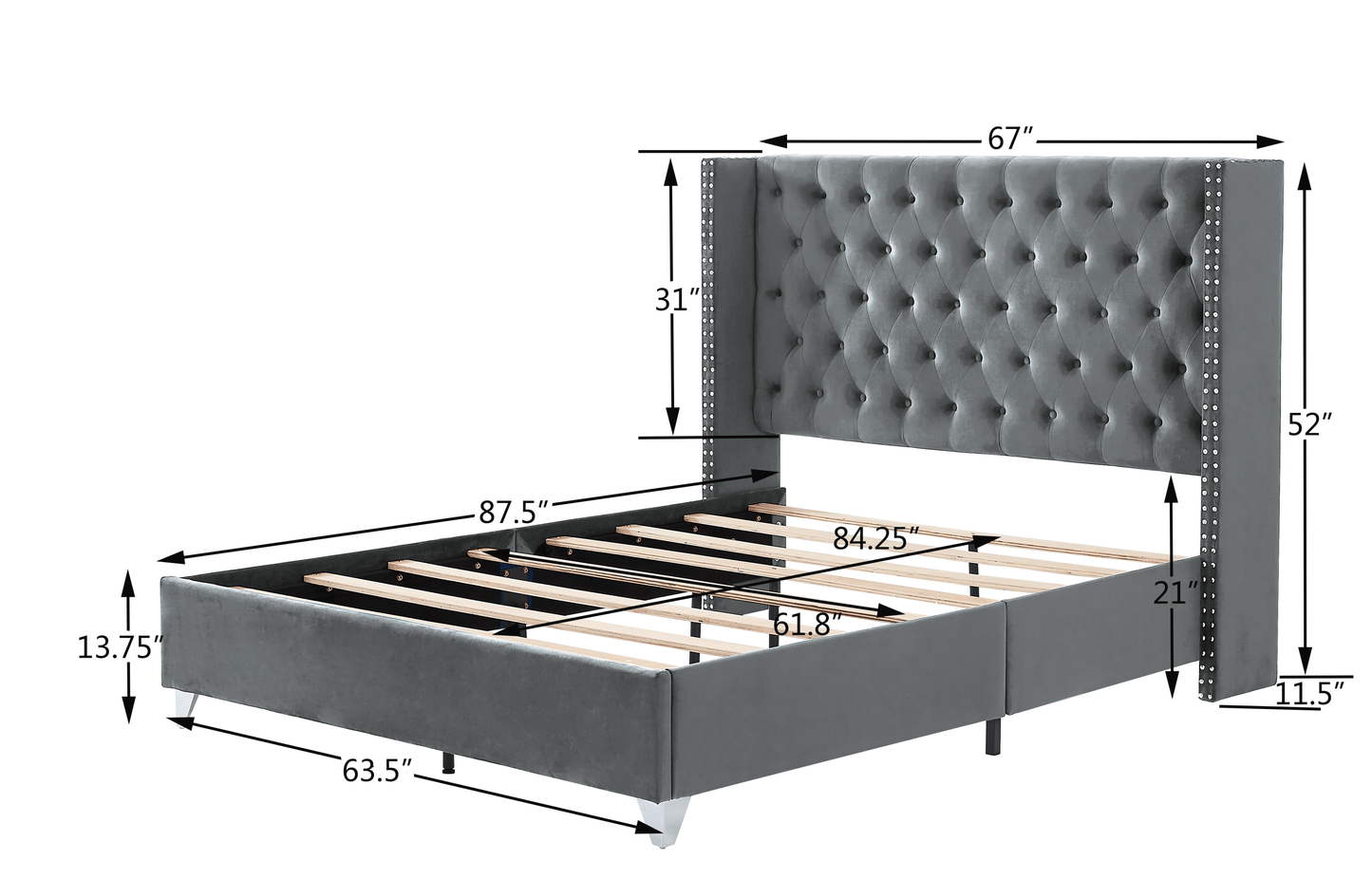 B100S Queen bed with two nightstands, Button designed Headboard,strong wooden slats + metal legs with Electroplate