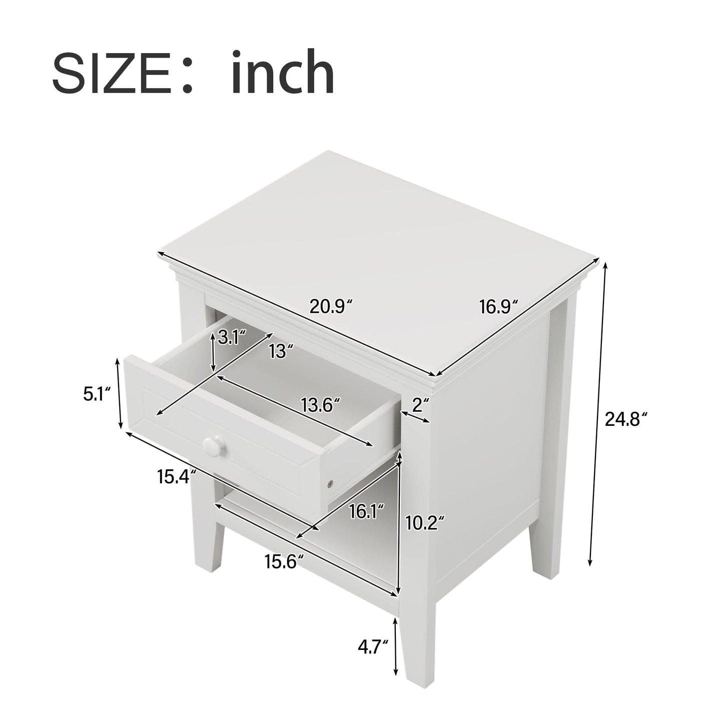 Three Pieces Traditional Concise Style White Bedroom Sets, Nightstand+ Chest+ King Bed
