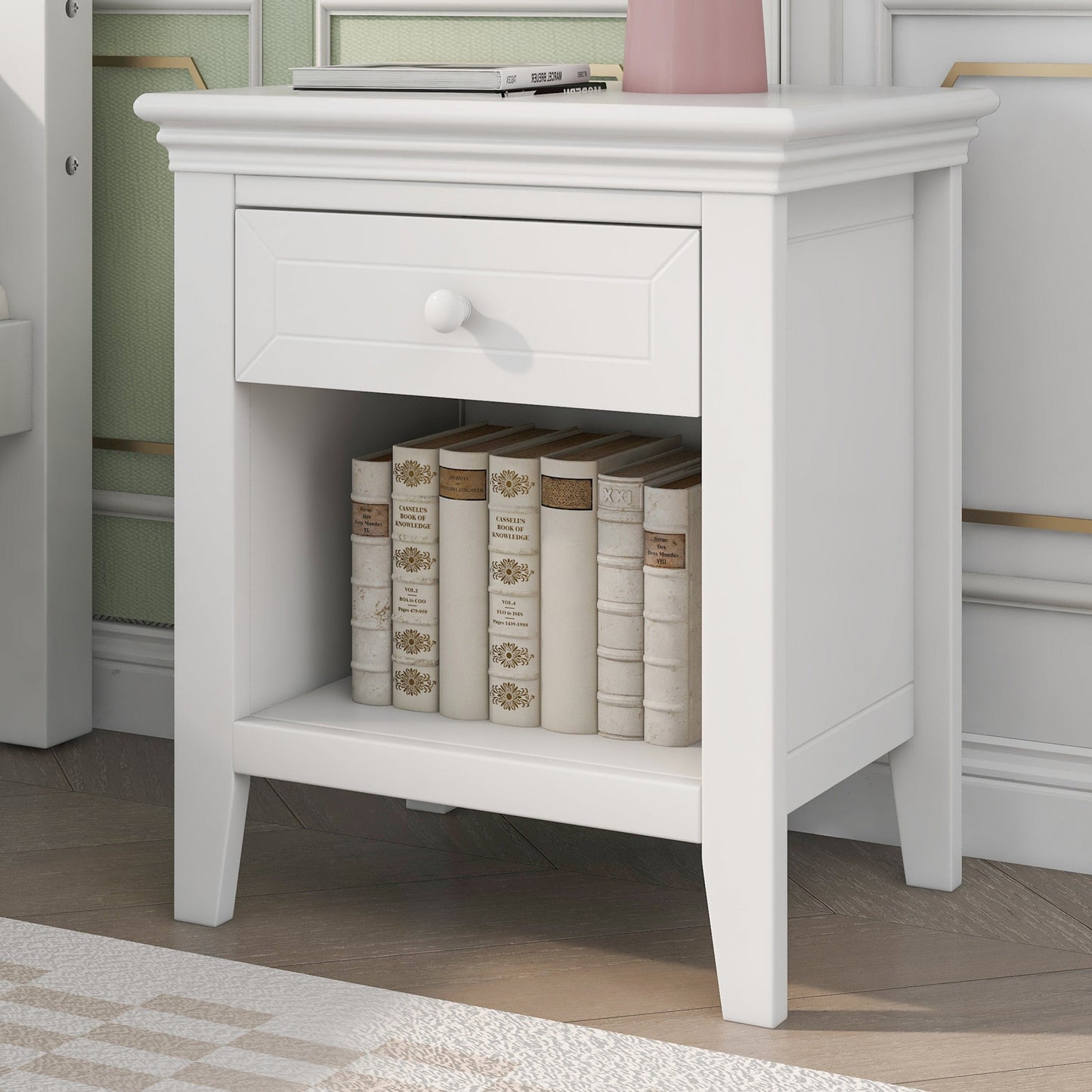 Three Pieces Traditional Concise Style White Bedroom Sets, Nightstand+ Chest+ King Bed