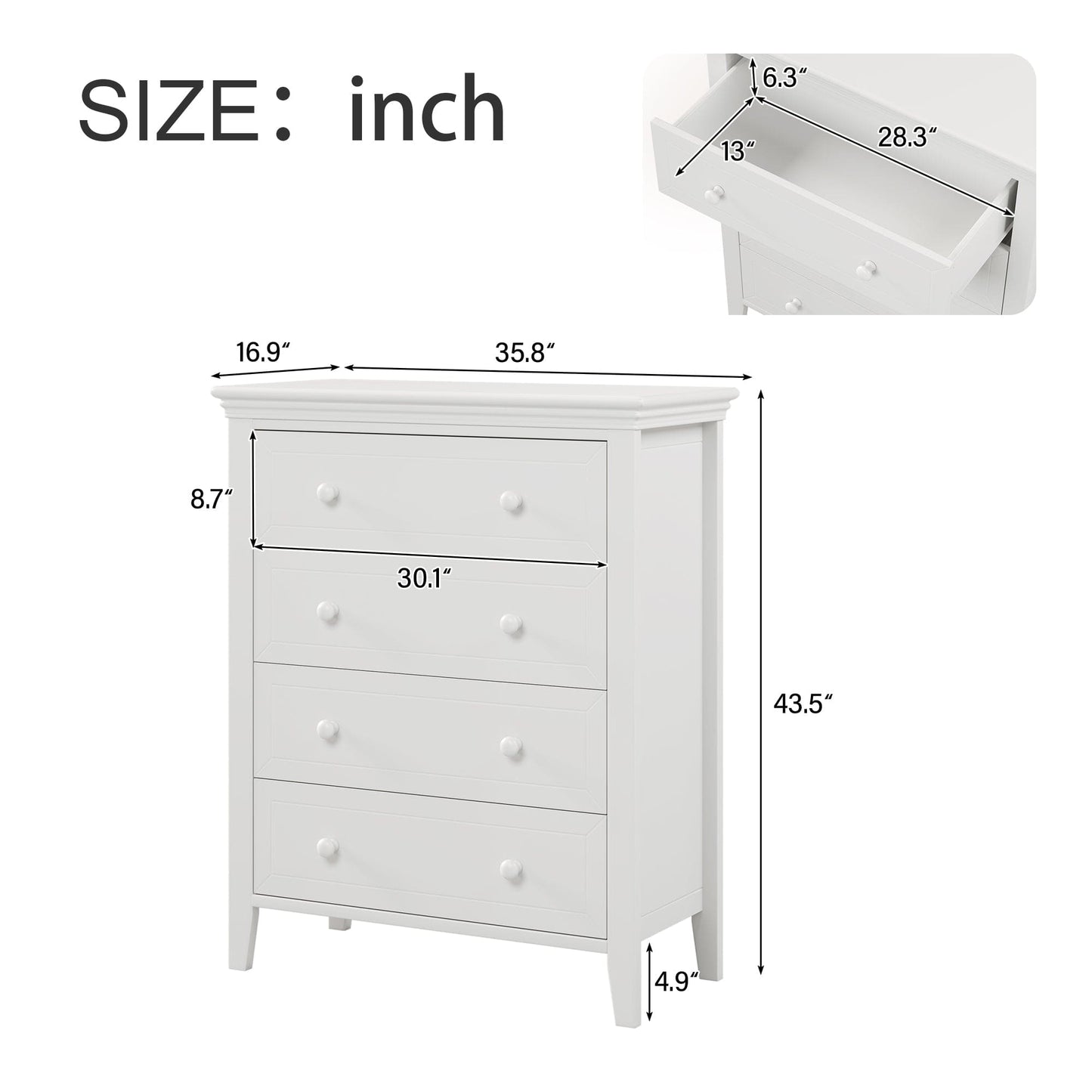 Three Pieces Traditional Concise Style White Bedroom Sets, Nightstand+ Chest+ King Bed