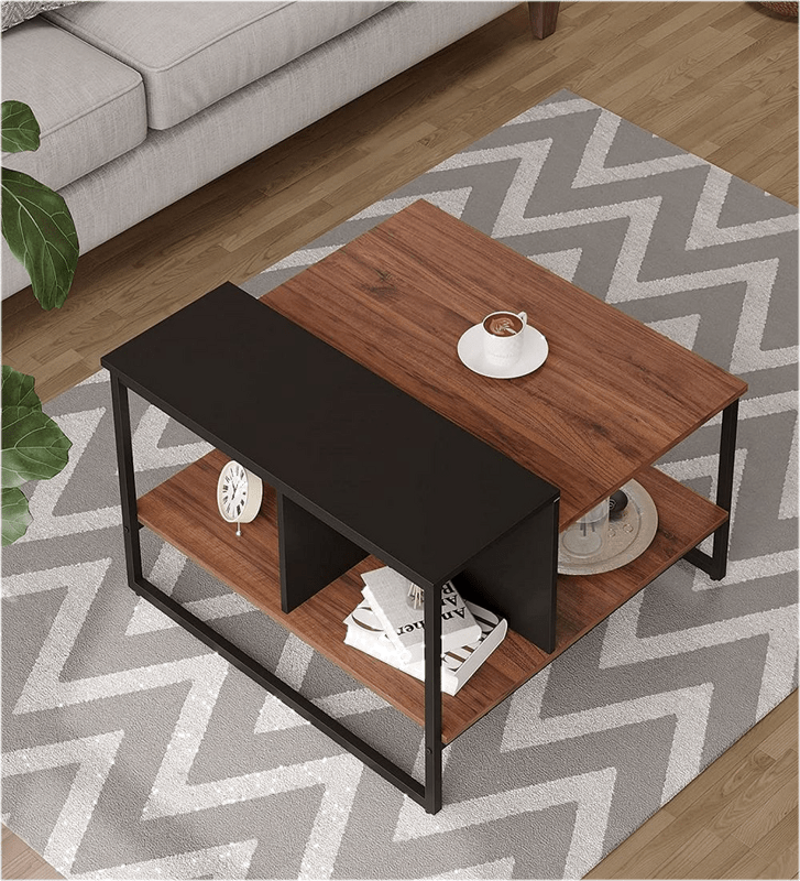 Industrial Square Coffee Table With Storage Shelves For Living Room or Bedroom 31.5", Walnut/Black