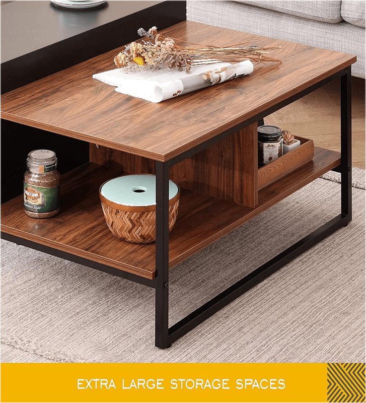 Industrial Square Coffee Table With Storage Shelves For Living Room or Bedroom 31.5", Walnut/Black