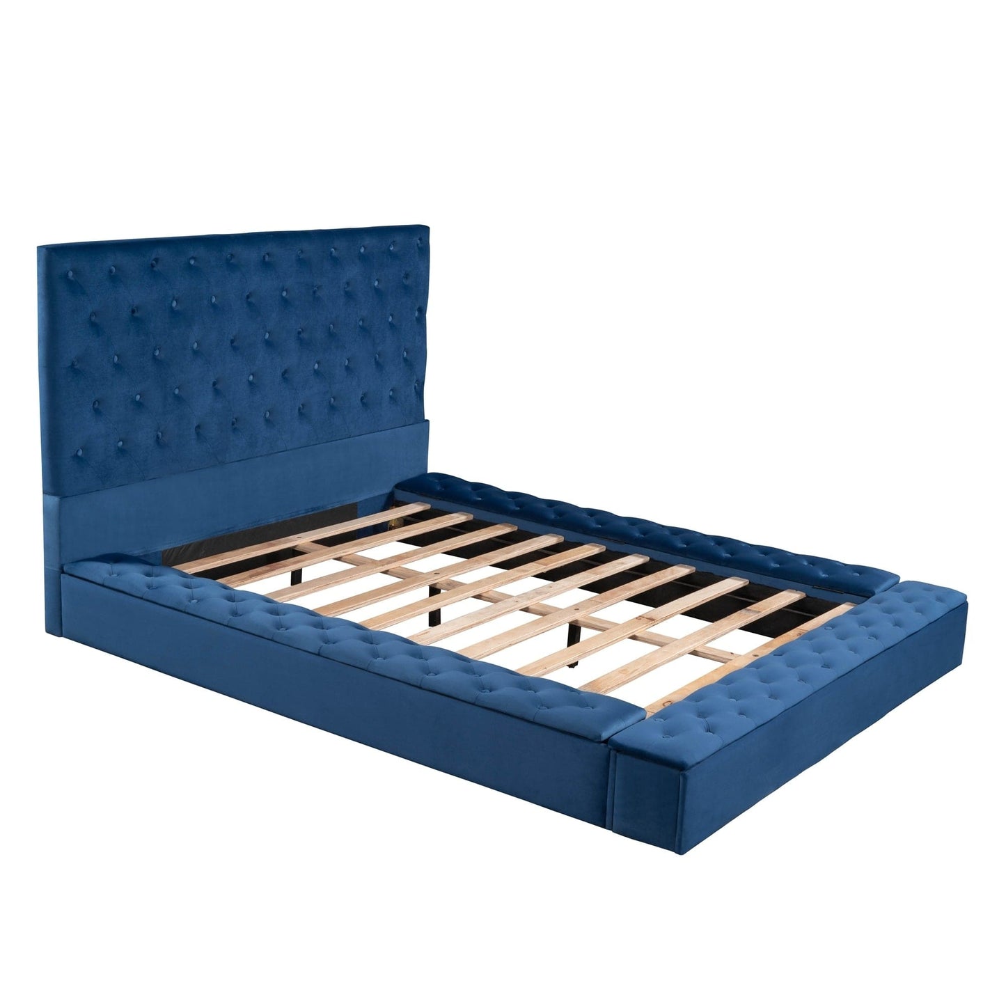 Queen Size Upholstery Low Profile Storage Platform Bed with Storage Space on both Sides and Footboard,Blue