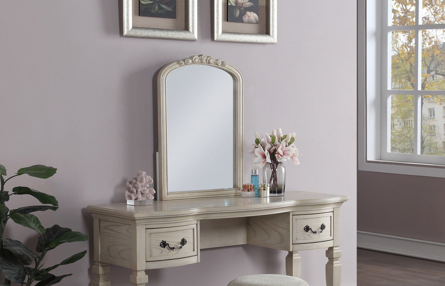 Bedroom Classic Vanity Set Wooden Carved Mirror Stool Drawers Antique White