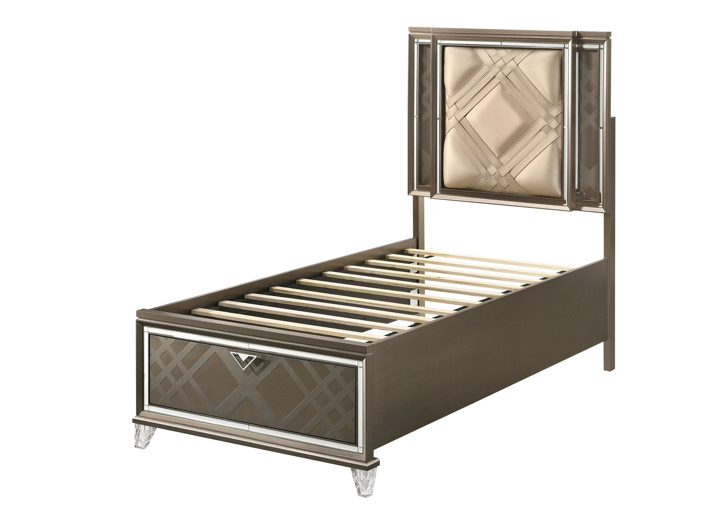 ACME Skylar Twin Bed w/Storage, LED, PU & Dark Champagne 25340T