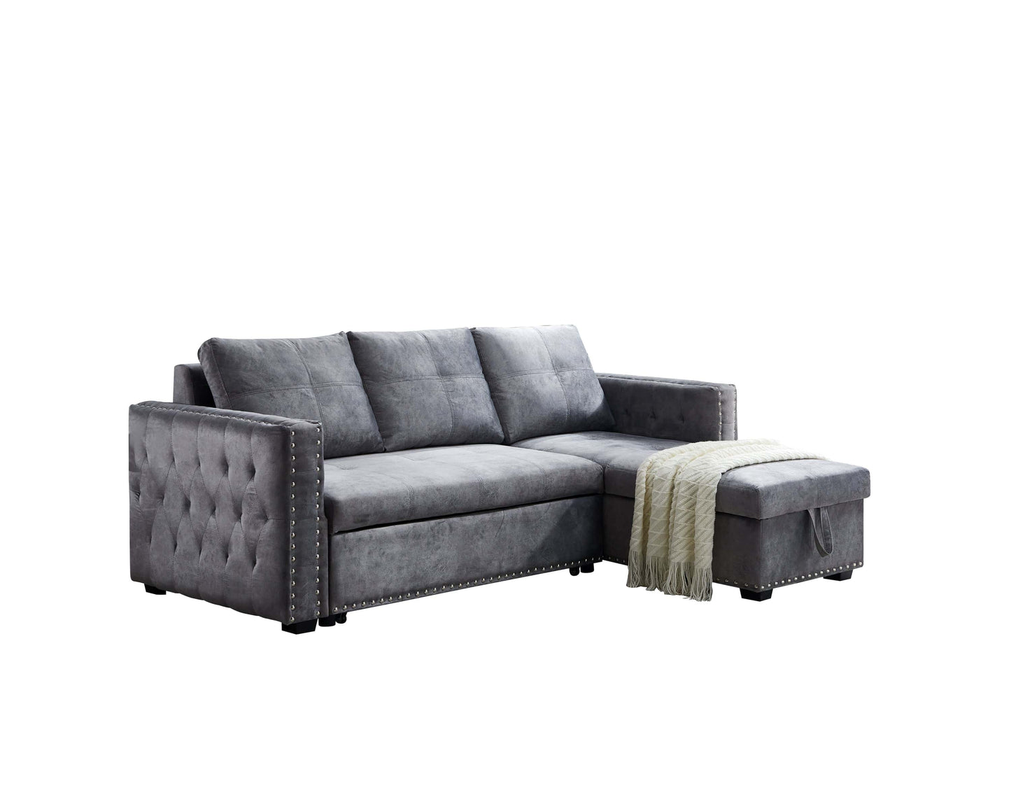 Sectional sofa with pulled out bed,  2 seats sofa and reversible chaise with storage, both hands with copper nail, GREY, (91" x 64" x 37")