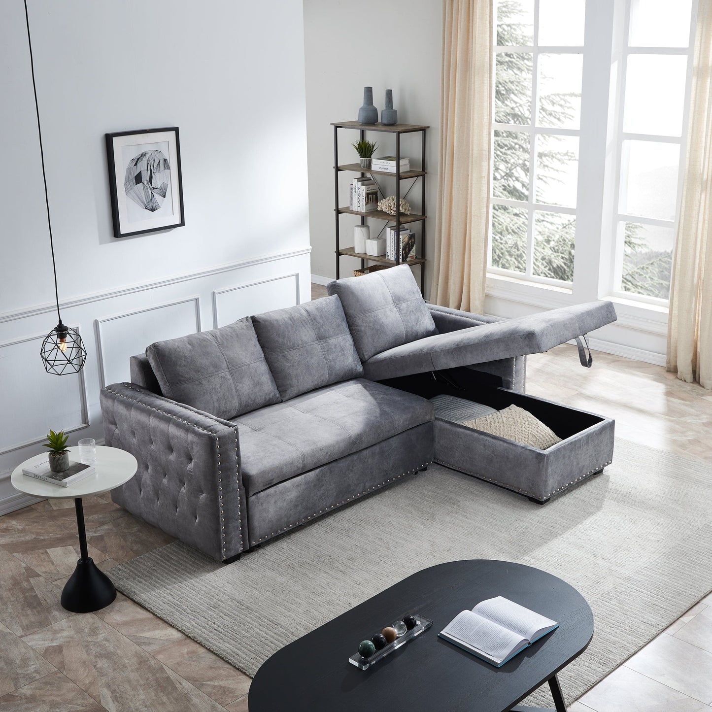 Sectional sofa with pulled out bed,  2 seats sofa and reversible chaise with storage, both hands with copper nail, GREY, (91" x 64" x 37")