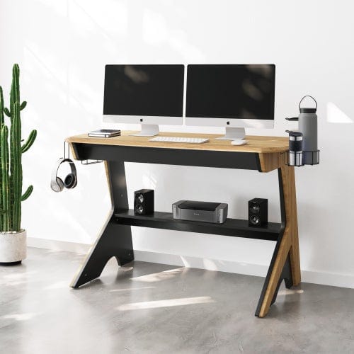 Techni Mobili Home Office Computer Writing Desk Workstation with Two Cupholders and a Headphone Hook- Pine