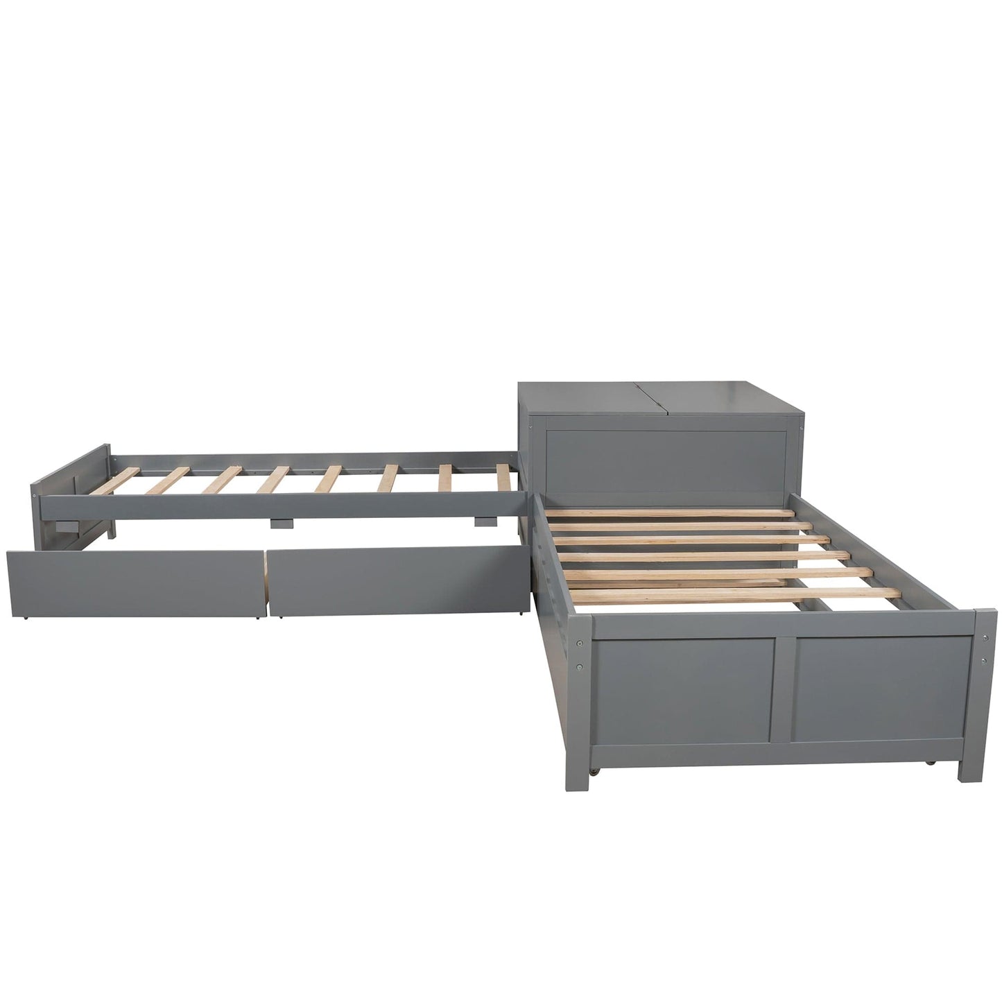 L-shaped Platform Bed with Trundle and Drawers Linked with built-in Flip Square Table,Twin,Gray