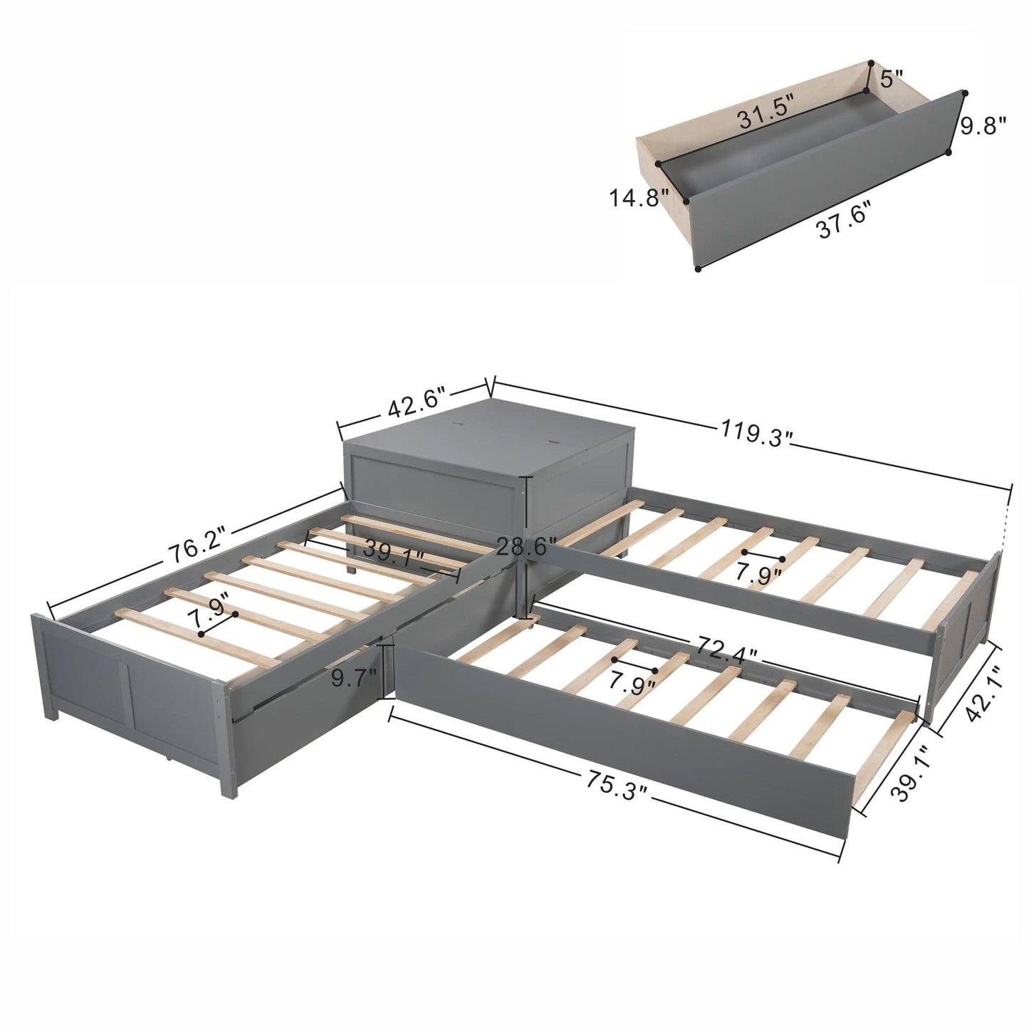 L-shaped Platform Bed with Trundle and Drawers Linked with built-in Flip Square Table,Twin,Gray