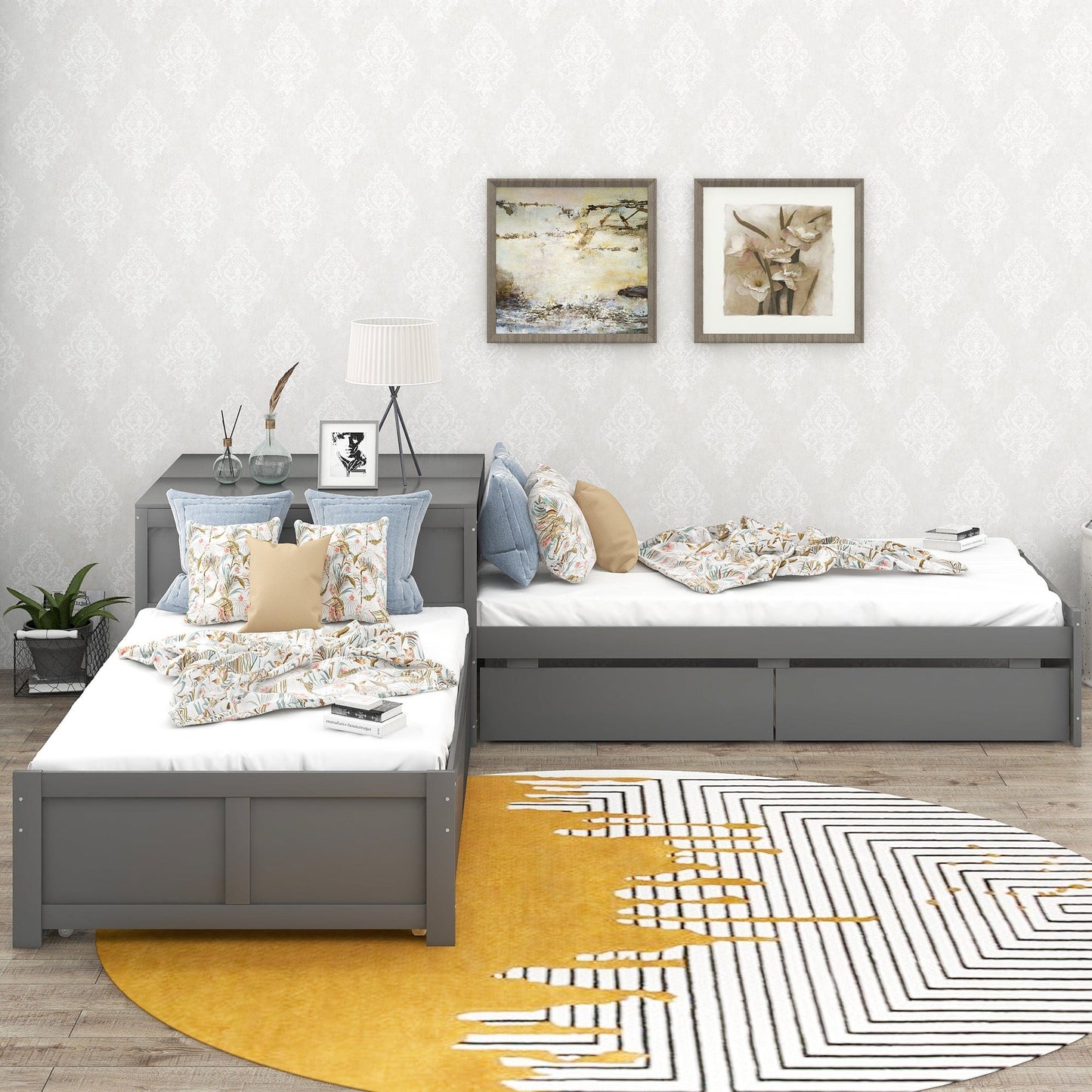 L-shaped Platform Bed with Trundle and Drawers Linked with built-in Flip Square Table,Twin,Gray