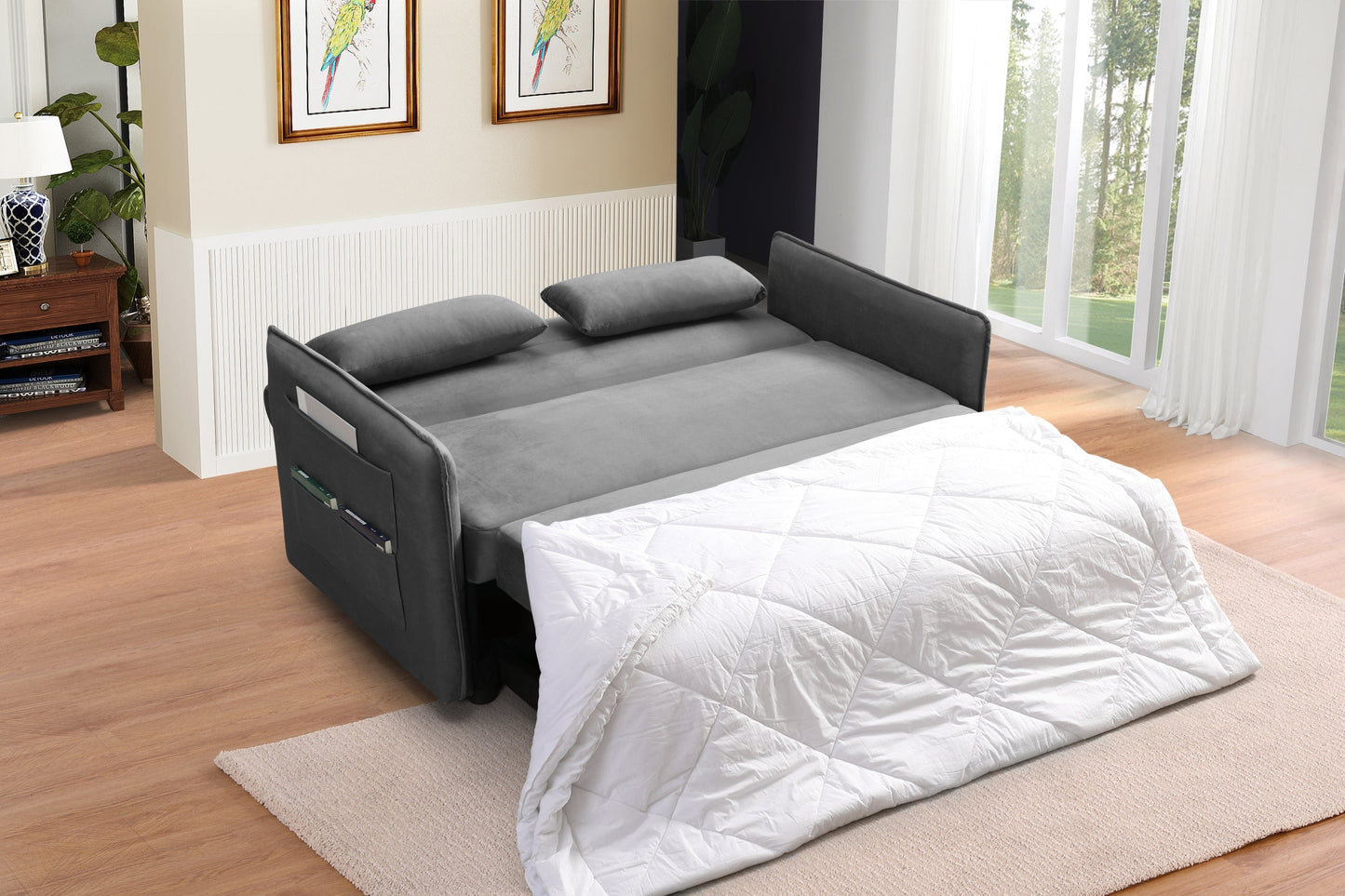 MEGA Pull Out Sofa Bed, Modern Adjustable Pull Out Bed Lounge Chair with 2 Side Pockets, 2 Pillows for Home Office