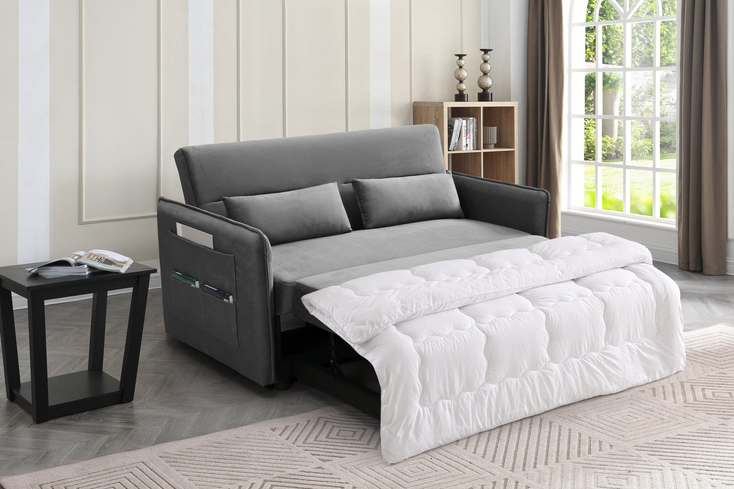 MEGA Pull Out Sofa Bed, Modern Adjustable Pull Out Bed Lounge Chair with 2 Side Pockets, 2 Pillows for Home Office